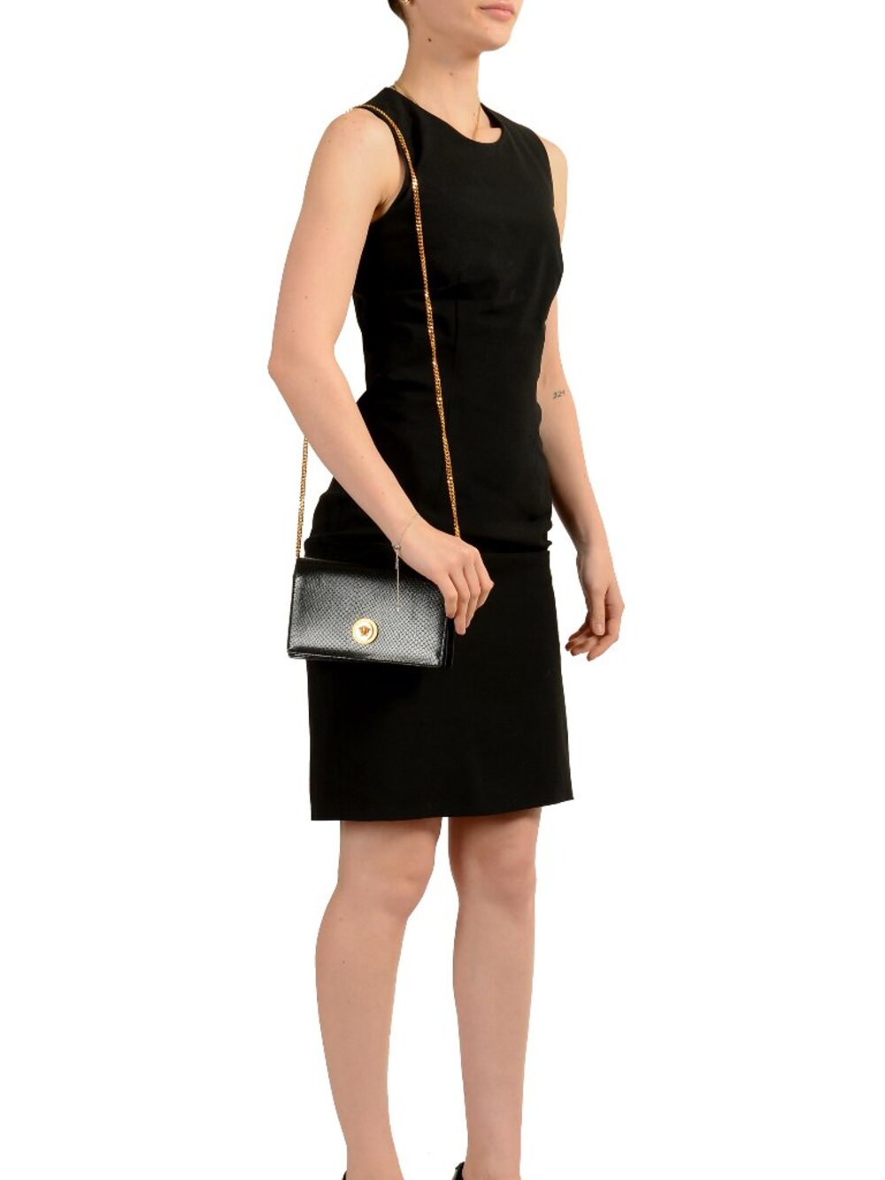 Versace Black 100%Leather Snake Skin Print Gold Medusa Chain Clutch Shoulder Bag - Picture 8 of 8